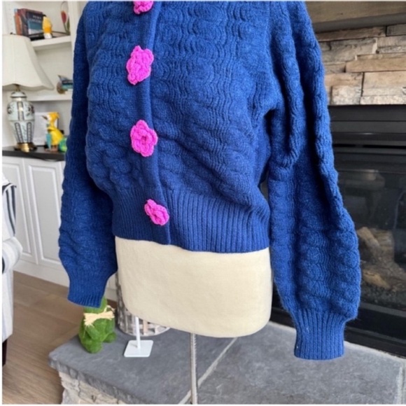 Elegant Blue Cardigan with Pink Floral Details - Picture 12 of 16